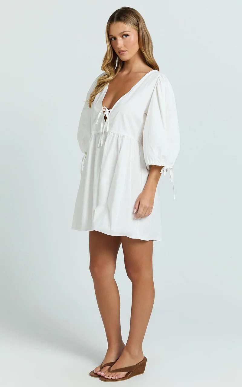 Rosita Mini Dress - Tie Front Puff Sleeve Dress in White