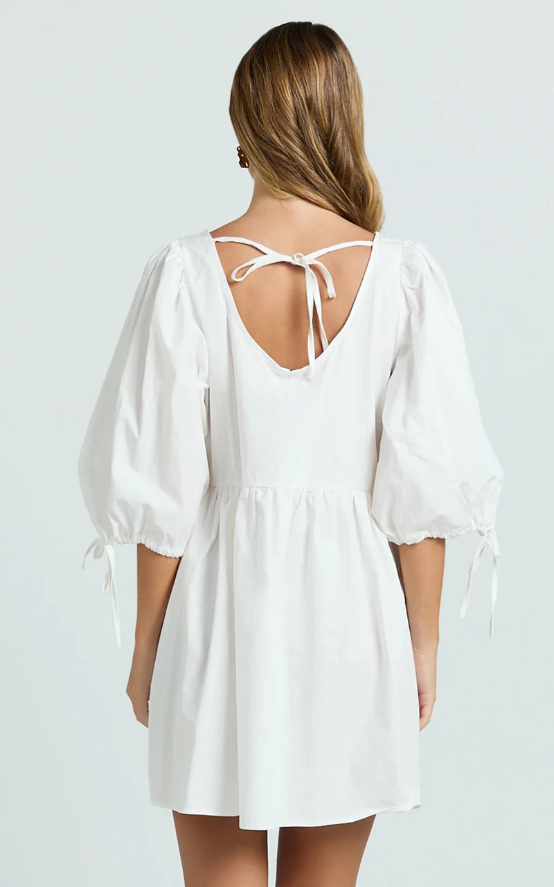 Rosita Mini Dress - Tie Front Puff Sleeve Dress in White