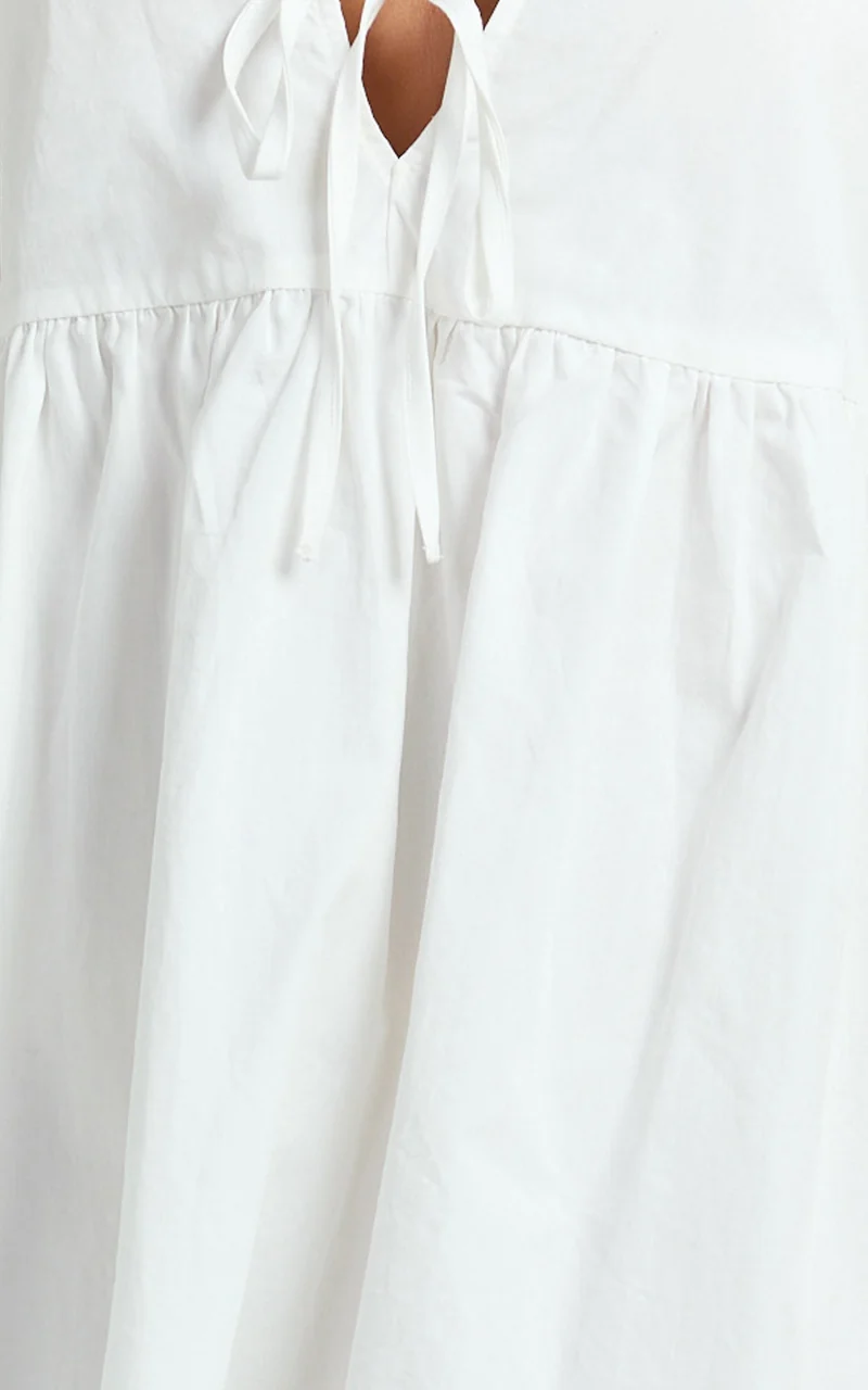 Rosita Mini Dress - Tie Front Puff Sleeve Dress in White