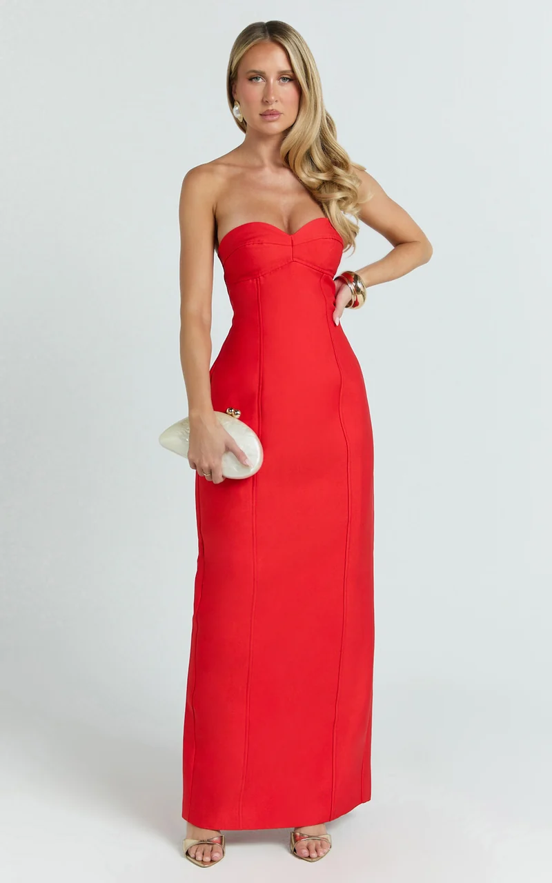 Lucie Maxi Dress - Sweetheart Neck Column Dress in Red