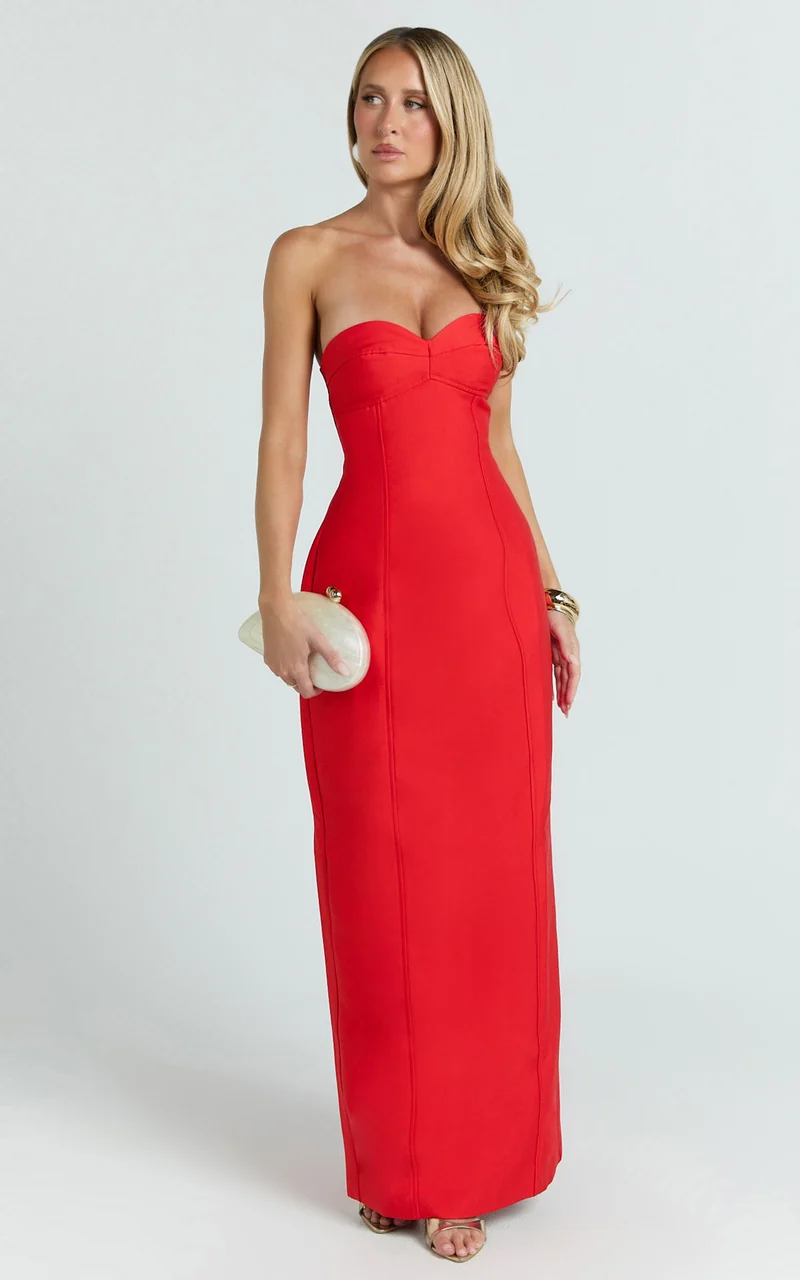 Lucie Maxi Dress - Sweetheart Neck Column Dress in Red