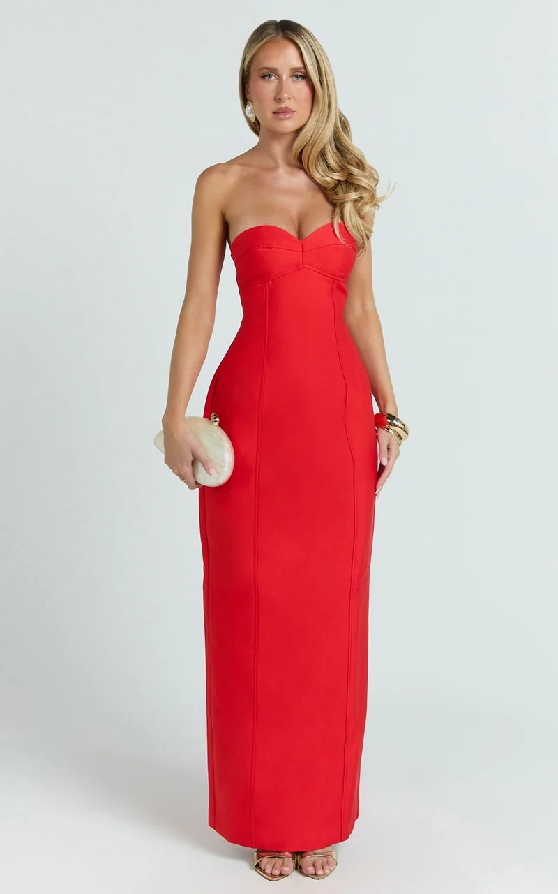 Lucie Maxi Dress - Sweetheart Neck Column Dress in Red