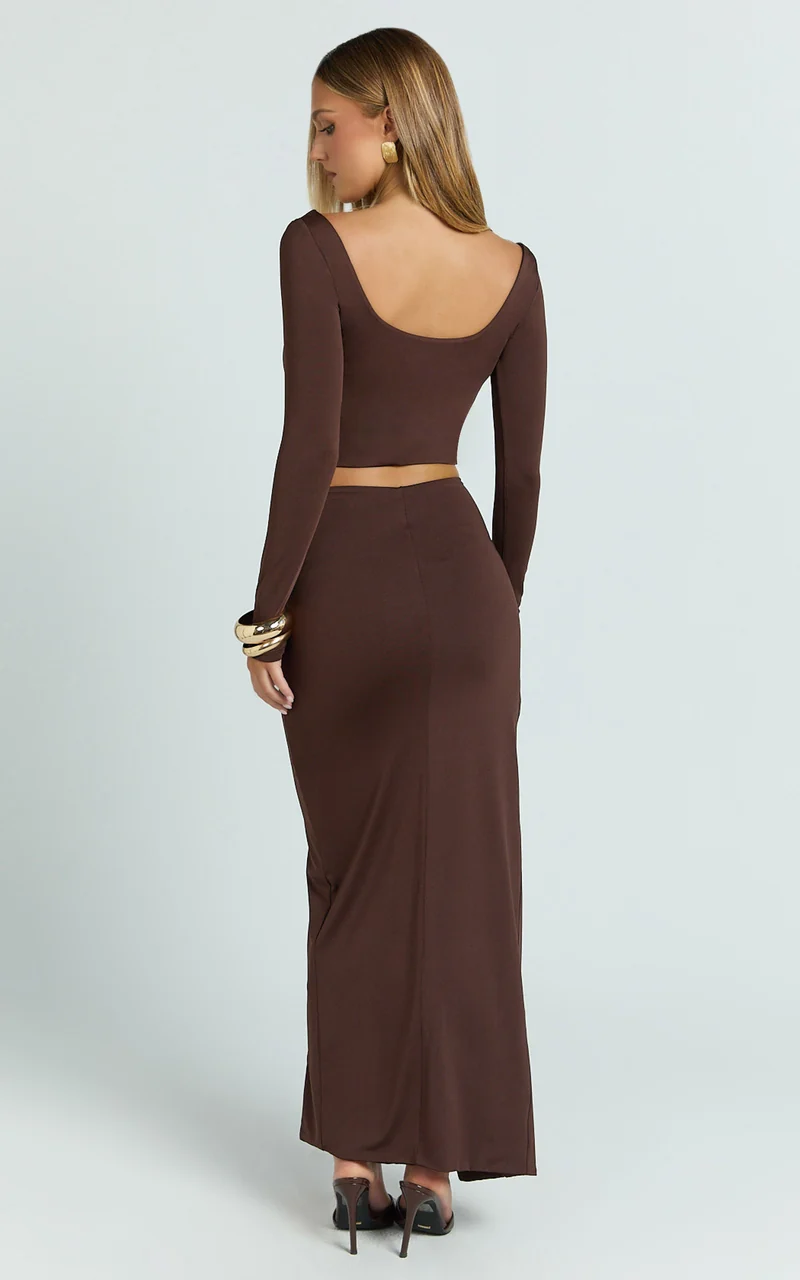 Owen Two Piece Top and Skirt Set - Long Sleeve Crop Top and Knot Front Maxi Skirt Set in Chocolate