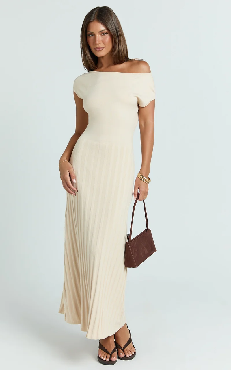 Jadey Midi Dress - Cap Sleeve Pleated Dress in Bone