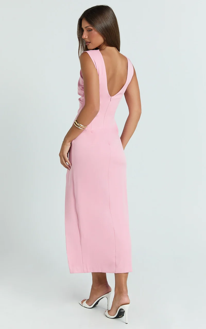 Veronnie Midi Dress - Tucked High Neck Sleeveless Fitted Leg Split Skirt Dress in Pink