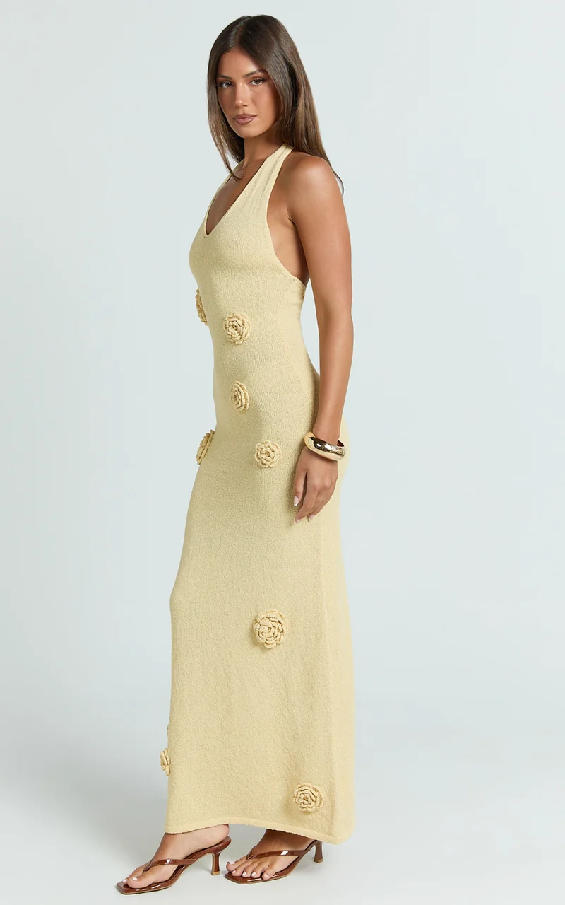 Elodie Maxi Dress - Halter 3D Floral Knit Dress in Lemon