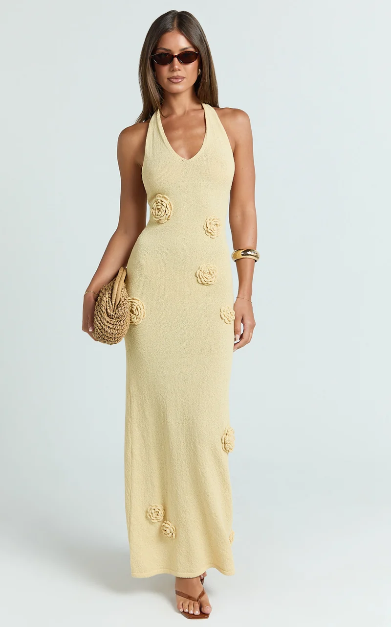 Elodie Maxi Dress - Halter 3D Floral Knit Dress in Lemon