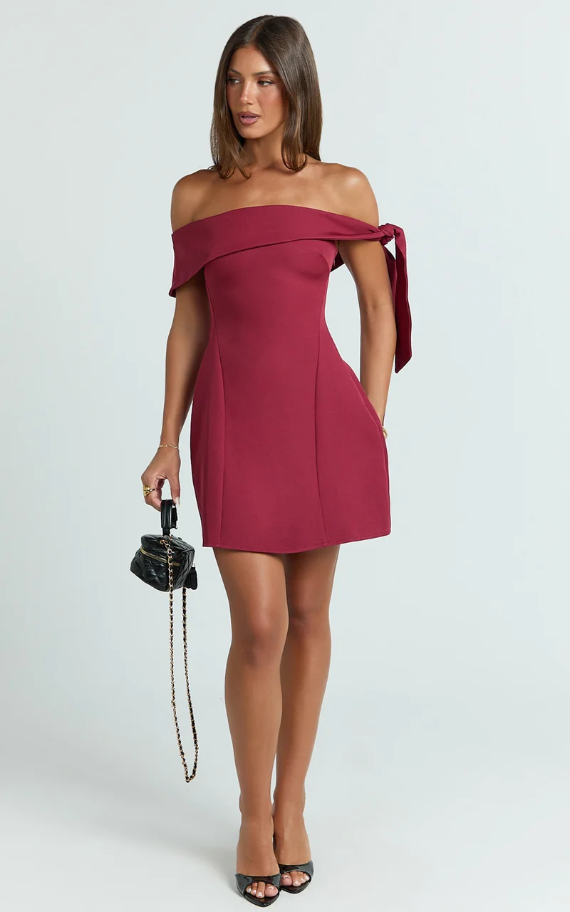 Cecilia Mini Dress - Off Shoulder Tie Detail Dress in Wine