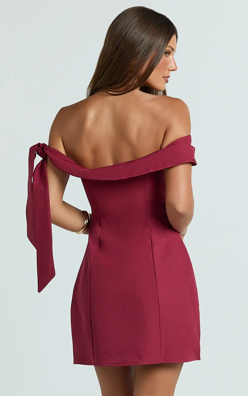 Cecilia Mini Dress - Off Shoulder Tie Detail Dress in Wine