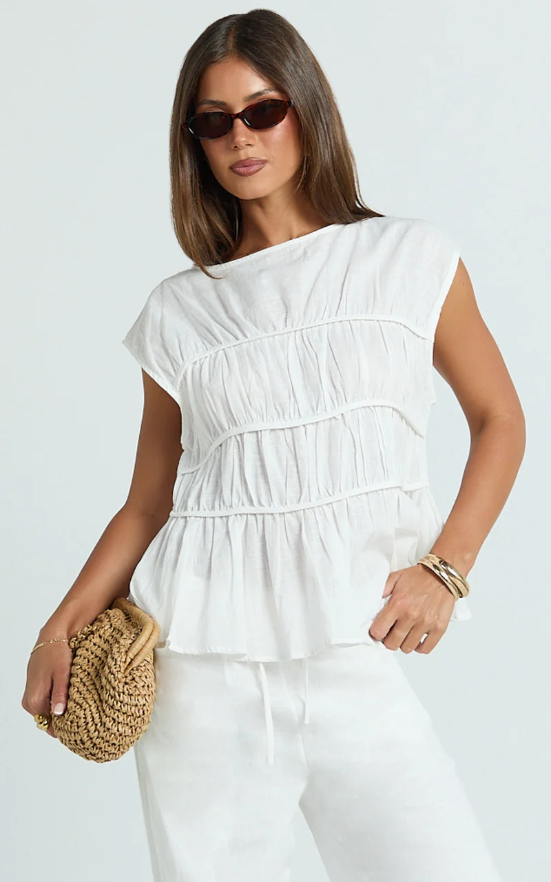 Auric Two Piece Set - Ruched Detail Top and Wide Leg Pants Set in Cream