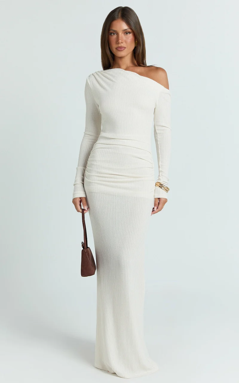 Faith Maxi Dress - Off Shoulder Long Sleeve Maxi Dress in Cream