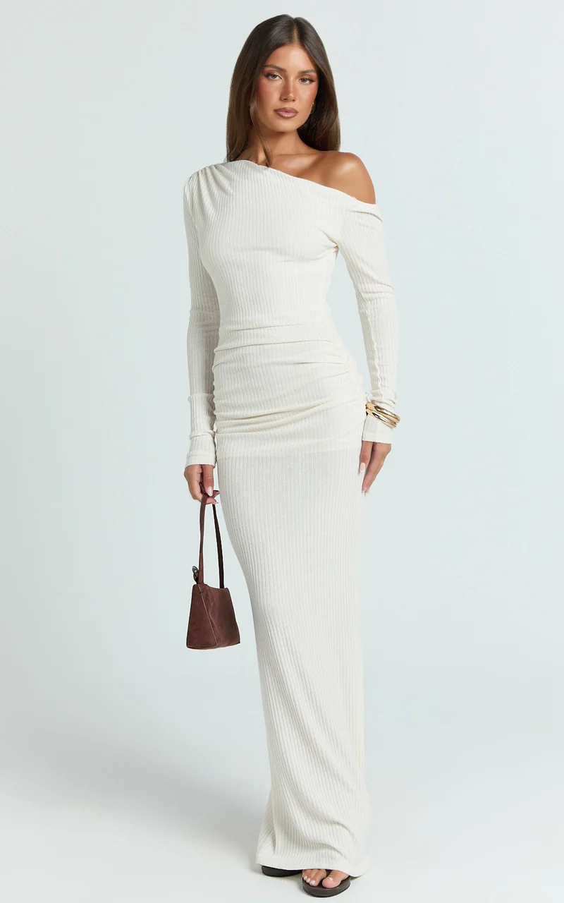 Faith Maxi Dress - Off Shoulder Long Sleeve Maxi Dress in Cream