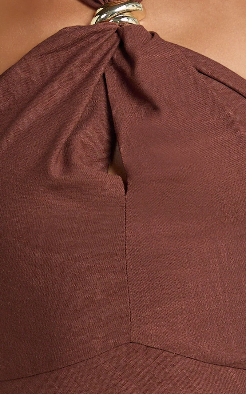 Sittie Mini Dress - Halterneck Linen Gold Trim A Line Dress in Chocolate
