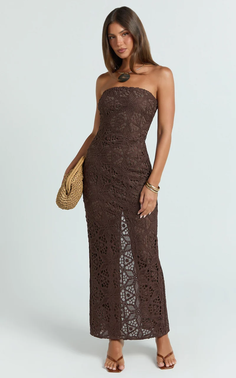 Tamika Midi Dress - Crochet Strapless Column Dress in Chocolate
