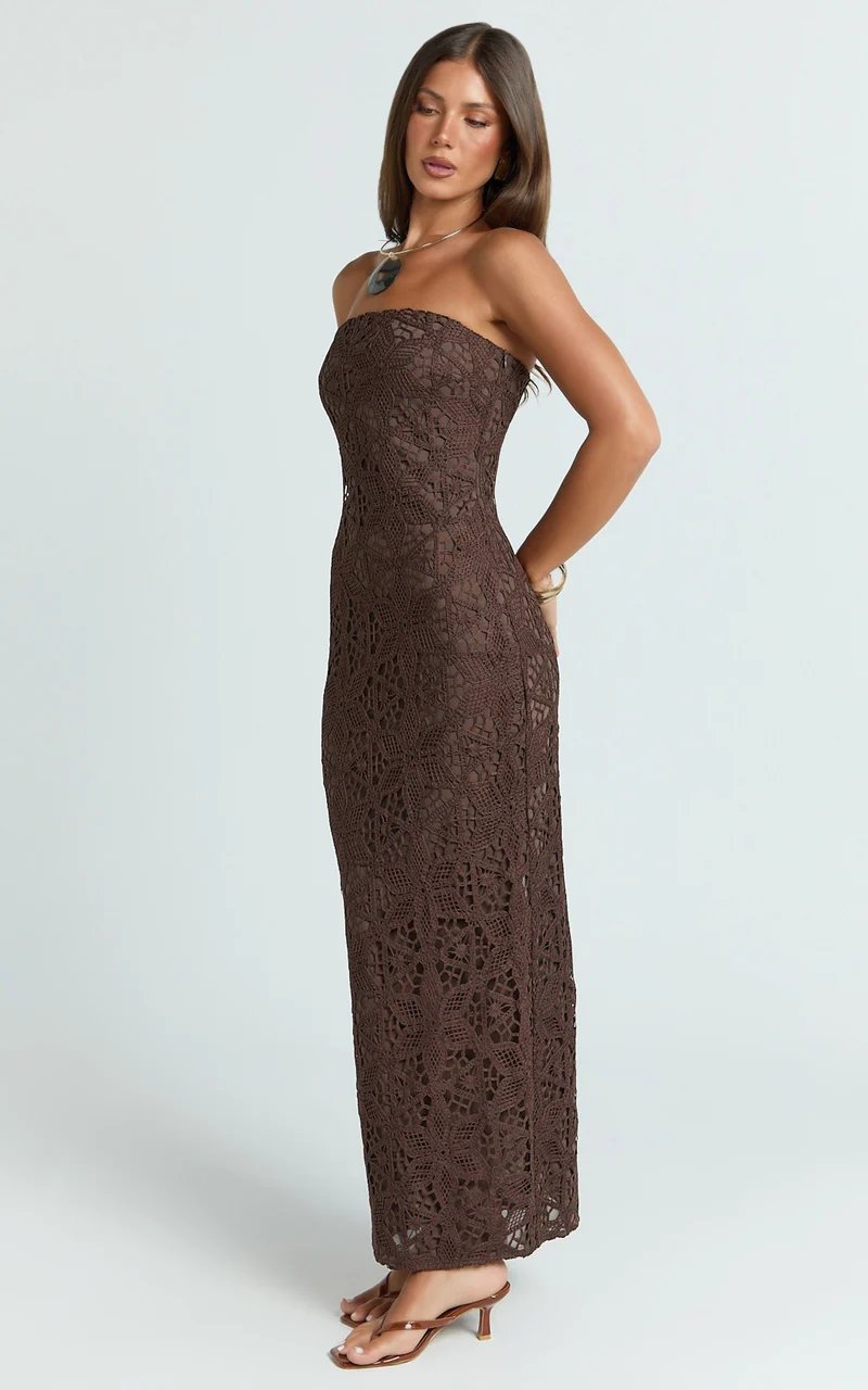 Tamika Midi Dress - Crochet Strapless Column Dress in Chocolate