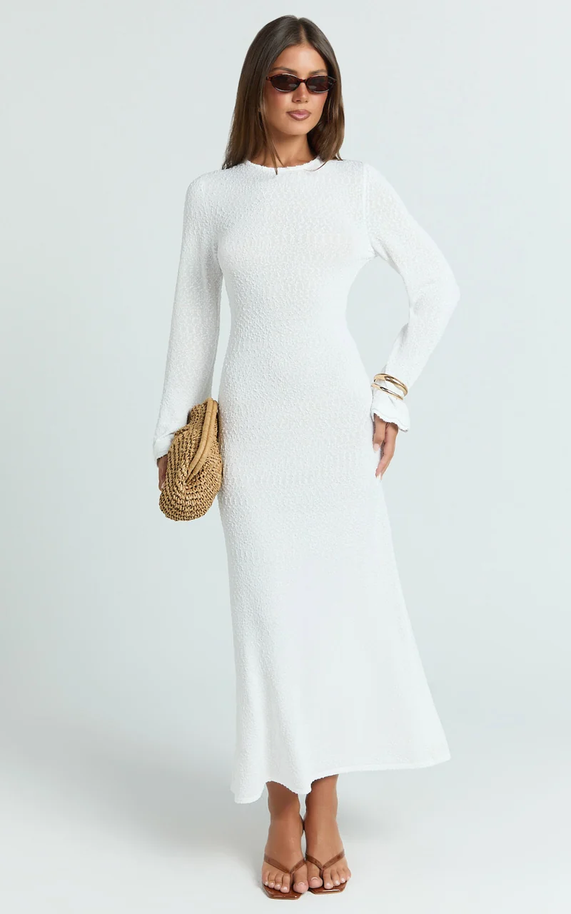 Tabitha Midi Dress - Long Sleeve Scallop Edge Knitted Midi Dress in White
