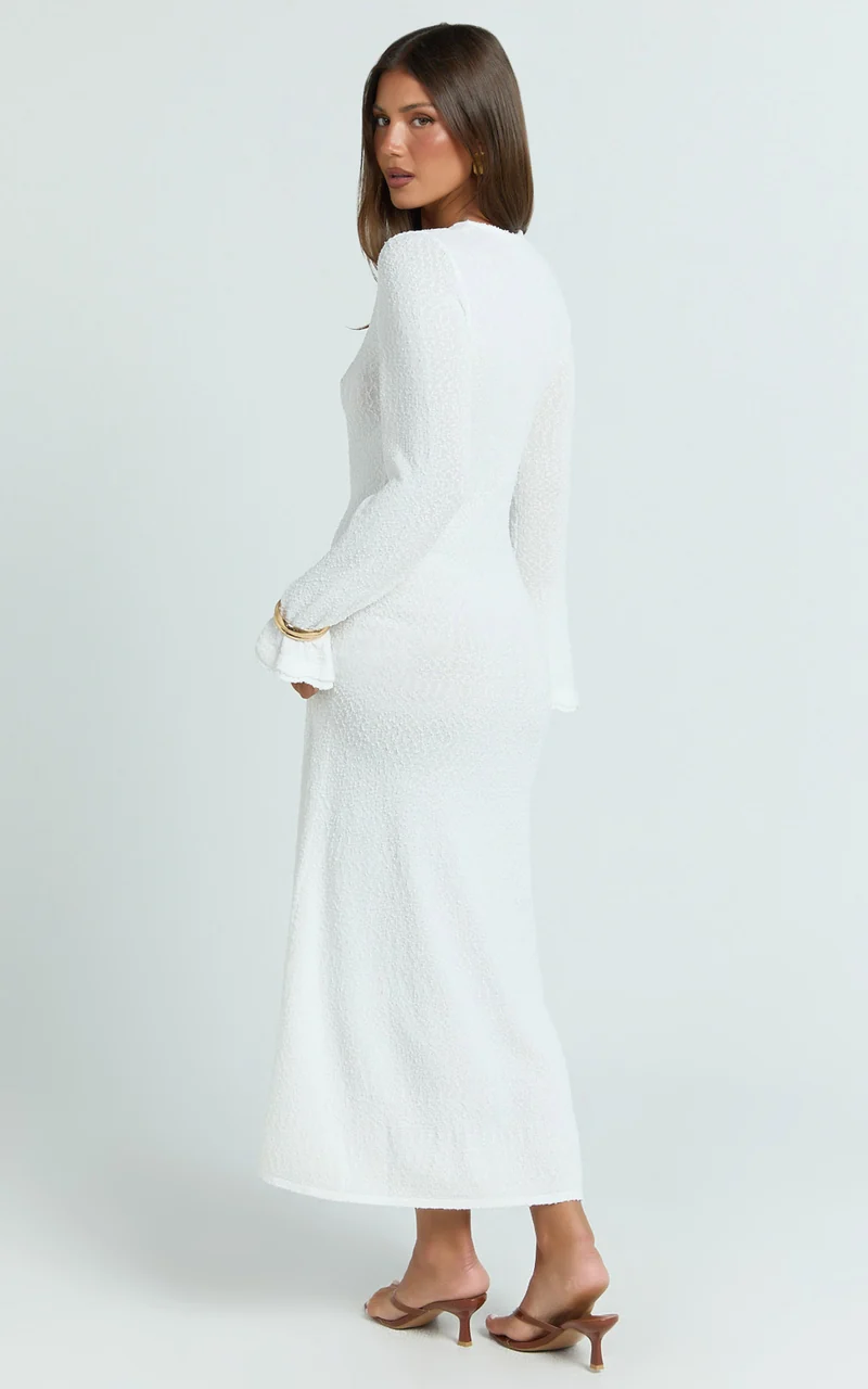 Tabitha Midi Dress - Long Sleeve Scallop Edge Knitted Midi Dress in White