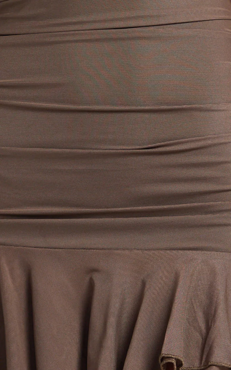 Haylee Mini Dress - Mesh Strapless Drop Waist Dress in Chocolate