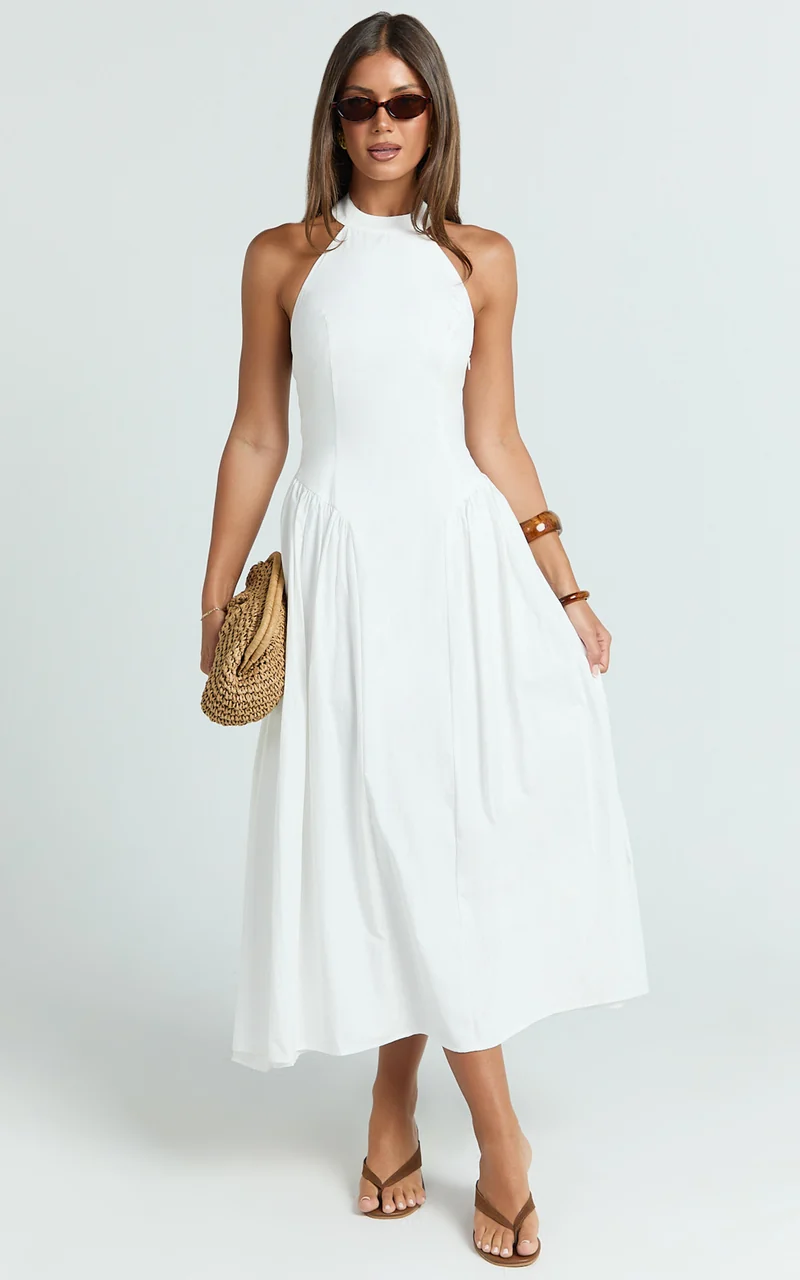 Danielle Midi Dress - Halter Neck Fit And Flare Dress in Off White