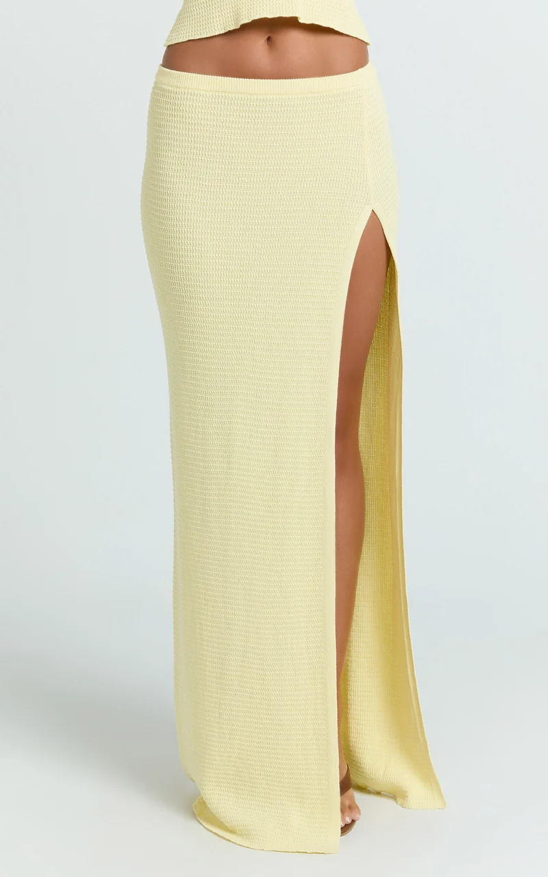 Agnes Maxi Skirt - Low Waist Thigh Split Crochet Maxi Skirt in Lemon