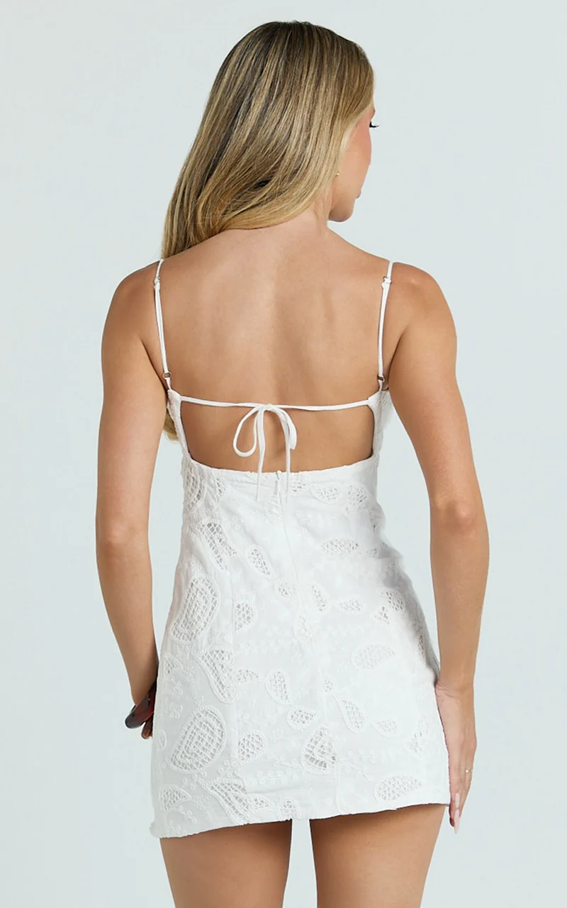 Zayla Mini Dress - Sweetheart Tie Back Broderie Mini Dress in White