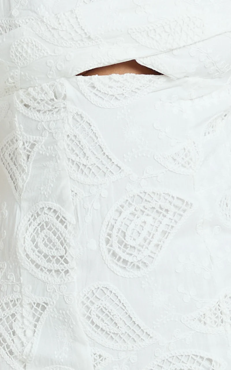 Zayla Mini Dress - Sweetheart Tie Back Broderie Mini Dress in White