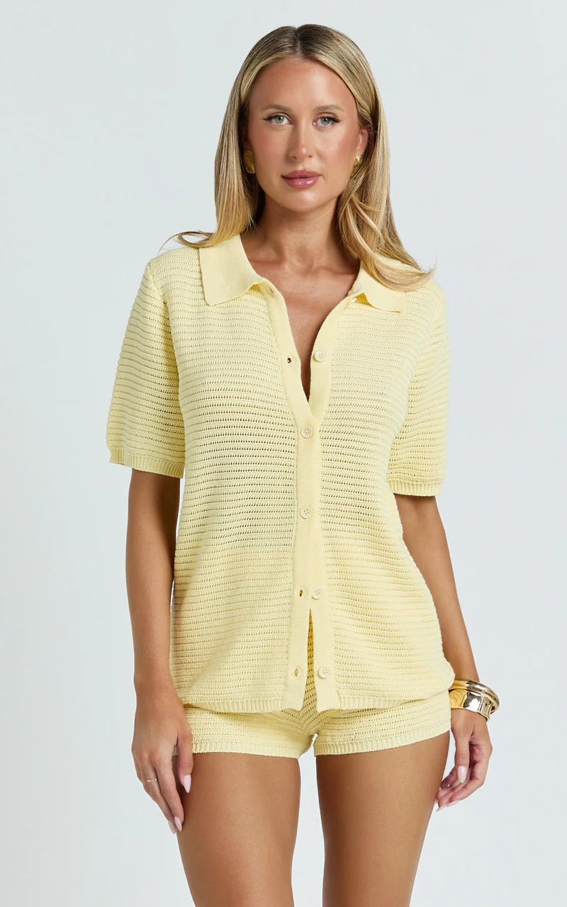 Vivi Two Piece Top and Shorts Set - Crochet Shirt and Shorts Set in Lemon