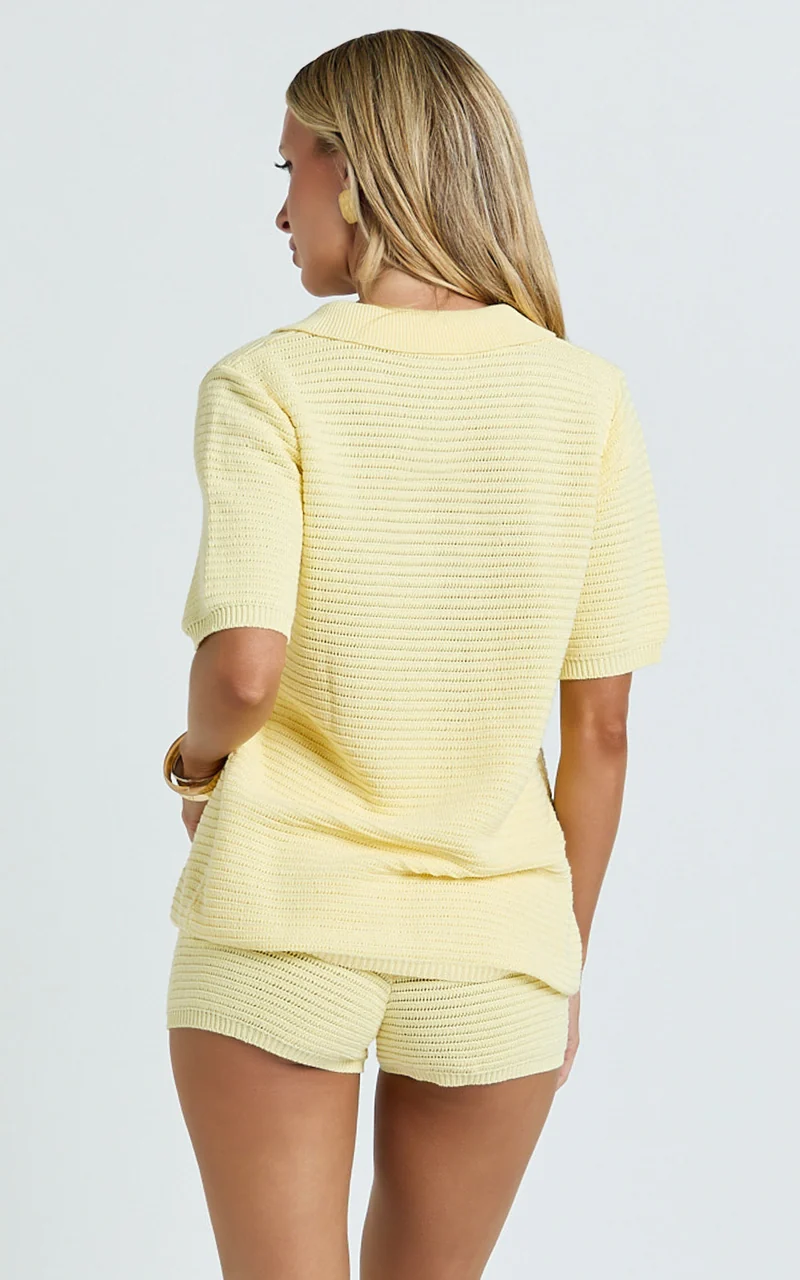 Vivi Two Piece Top and Shorts Set - Crochet Shirt and Shorts Set in Lemon