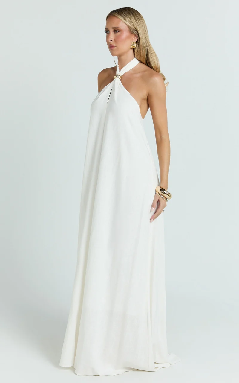 Jhazmine Maxi Dress - Halterneck Linen Gold Trim Dress in Off White