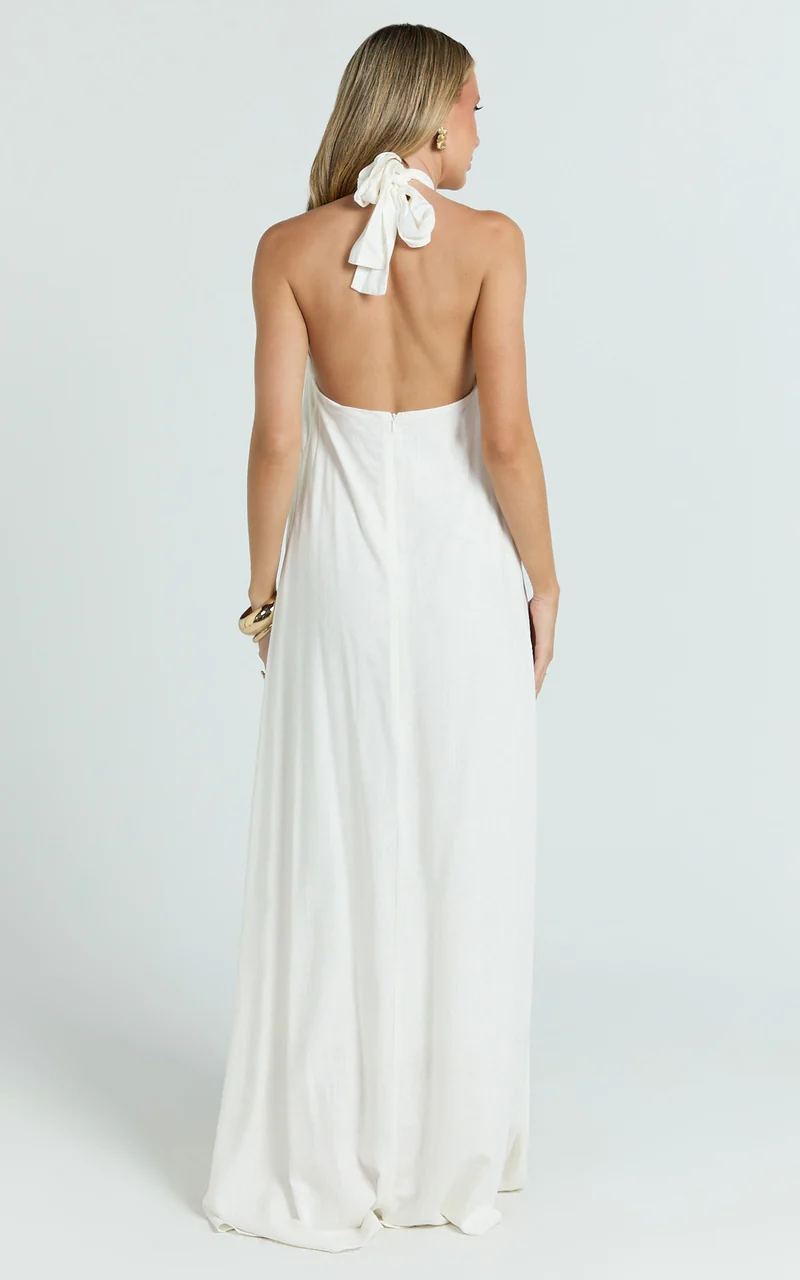 Jhazmine Maxi Dress - Halterneck Linen Gold Trim Dress in Off White