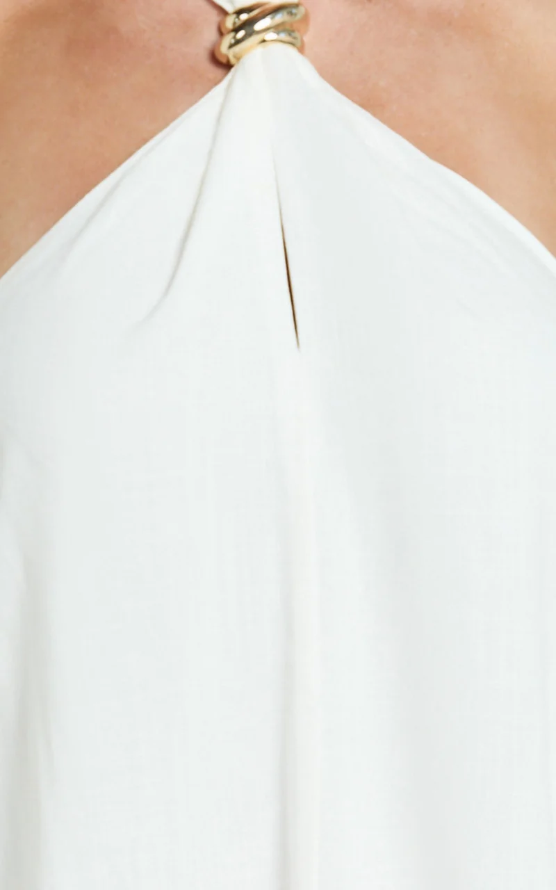 Jhazmine Maxi Dress - Halterneck Linen Gold Trim Dress in Off White
