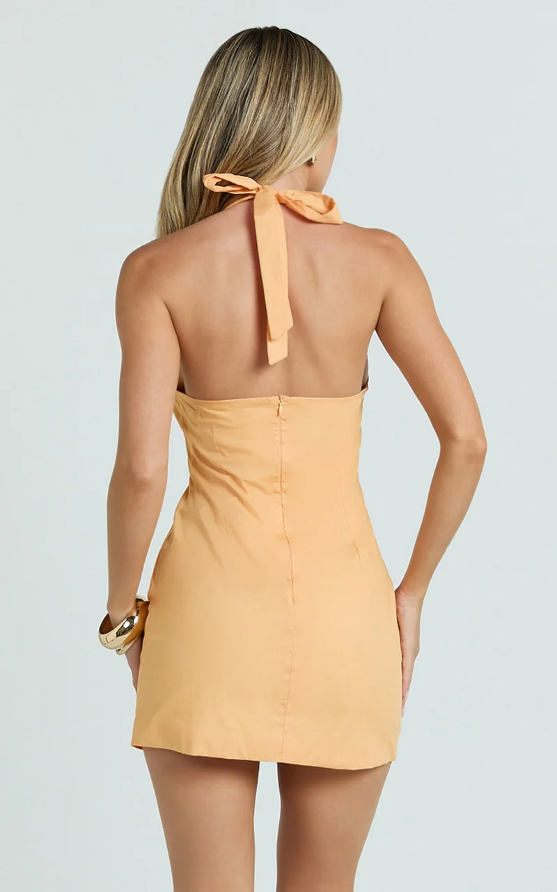 Jaycee Mini Dress - Halterneck Trim Detail Fitted Dress in Orange