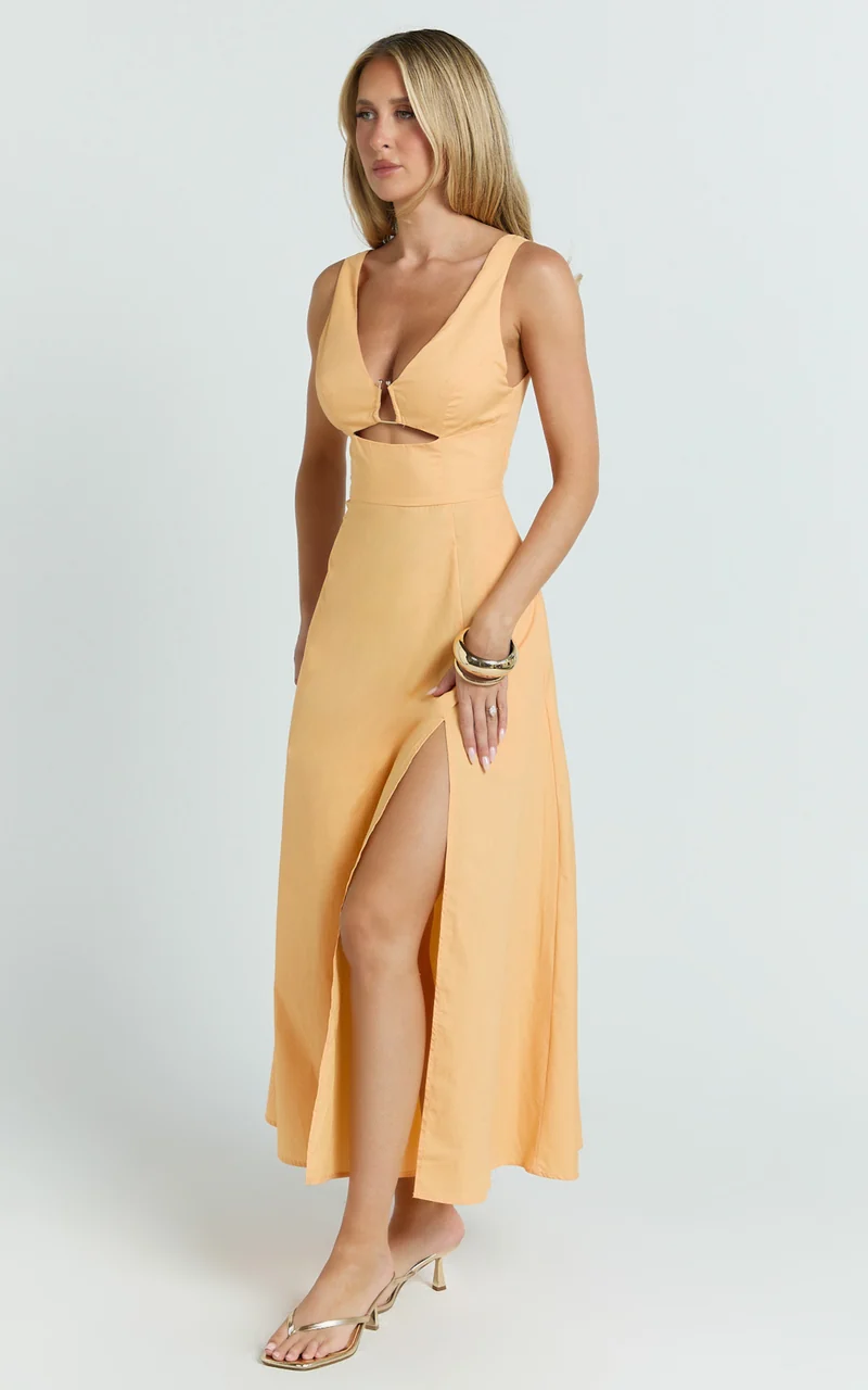 Jaycee Midi Dress - V Neck Trim Detail Fit And Flare Dress in Orange