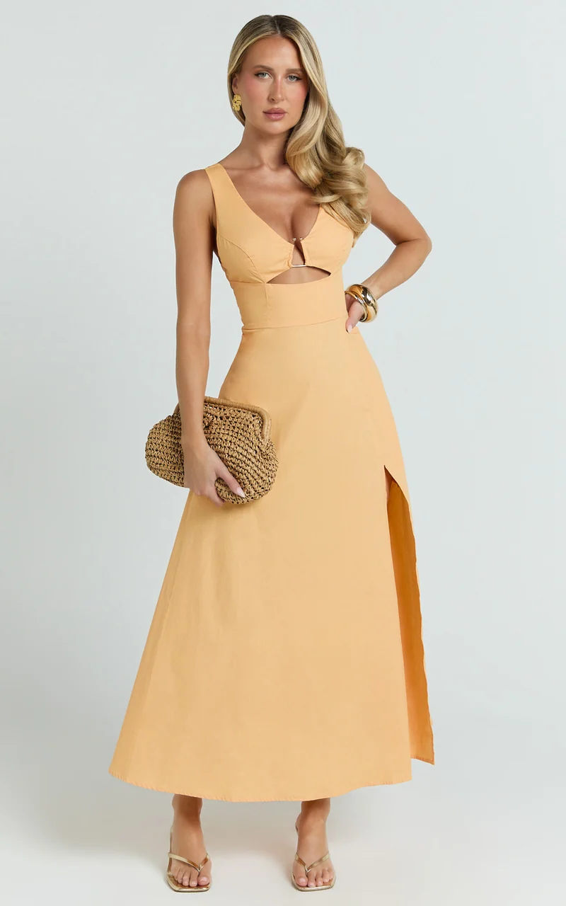 Jaycee Midi Dress - V Neck Trim Detail Fit And Flare Dress in Orange
