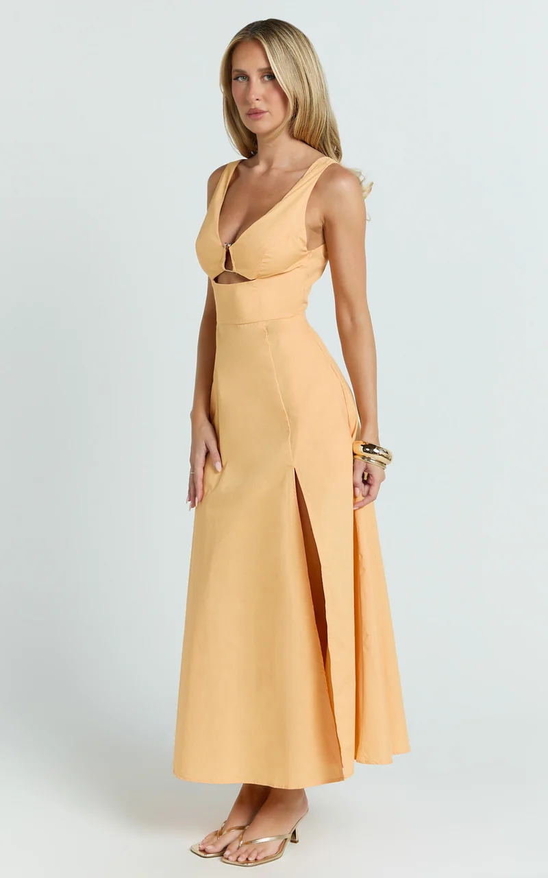 Jaycee Midi Dress - V Neck Trim Detail Fit And Flare Dress in Orange