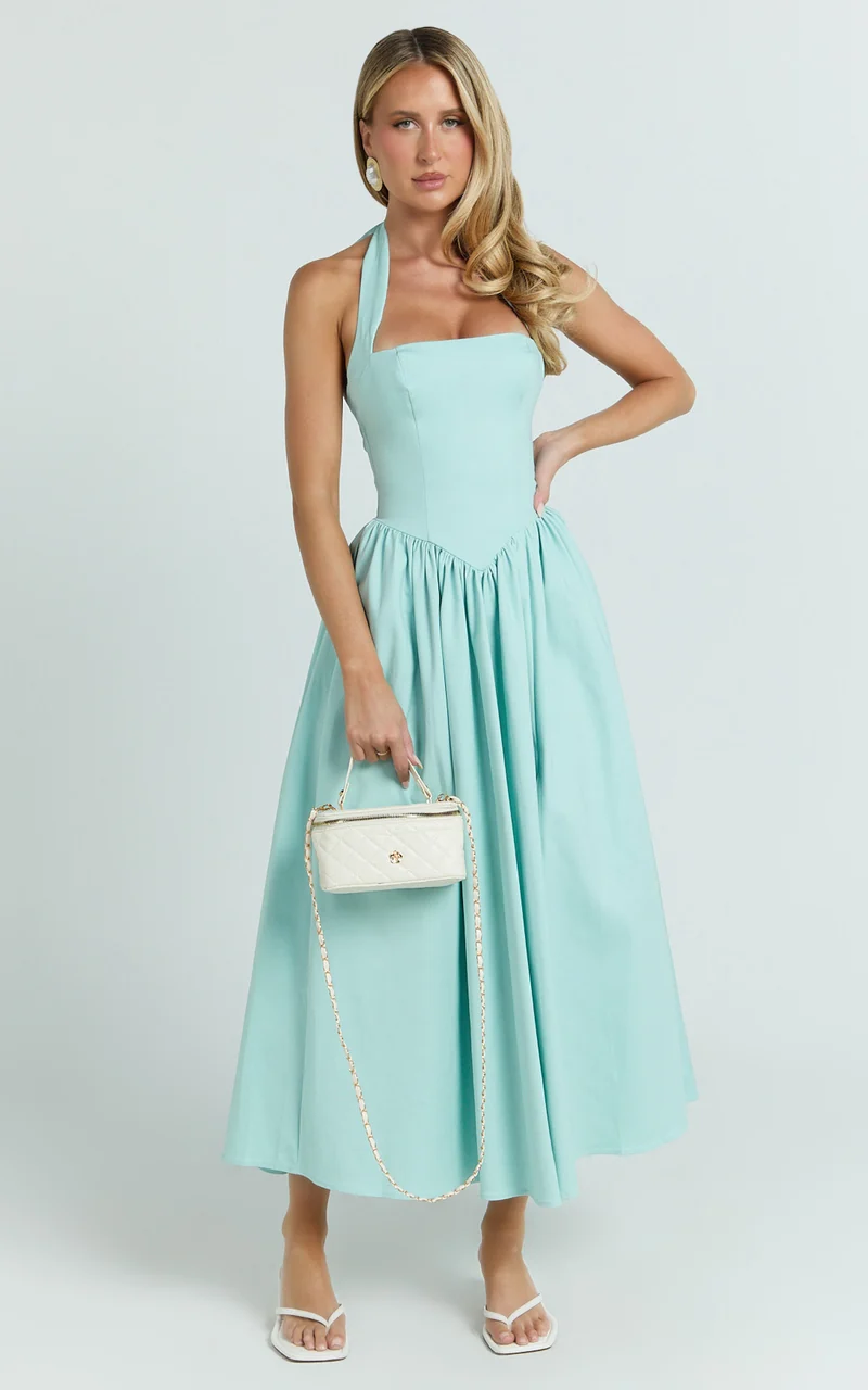 Helda Midi Dress - Halter Tie Neck Corset Panel Dress in Mint