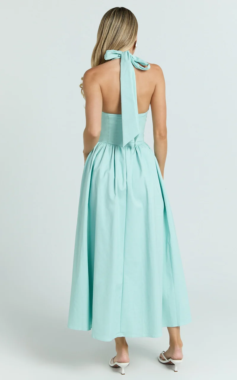 Helda Midi Dress - Halter Tie Neck Corset Panel Dress in Mint