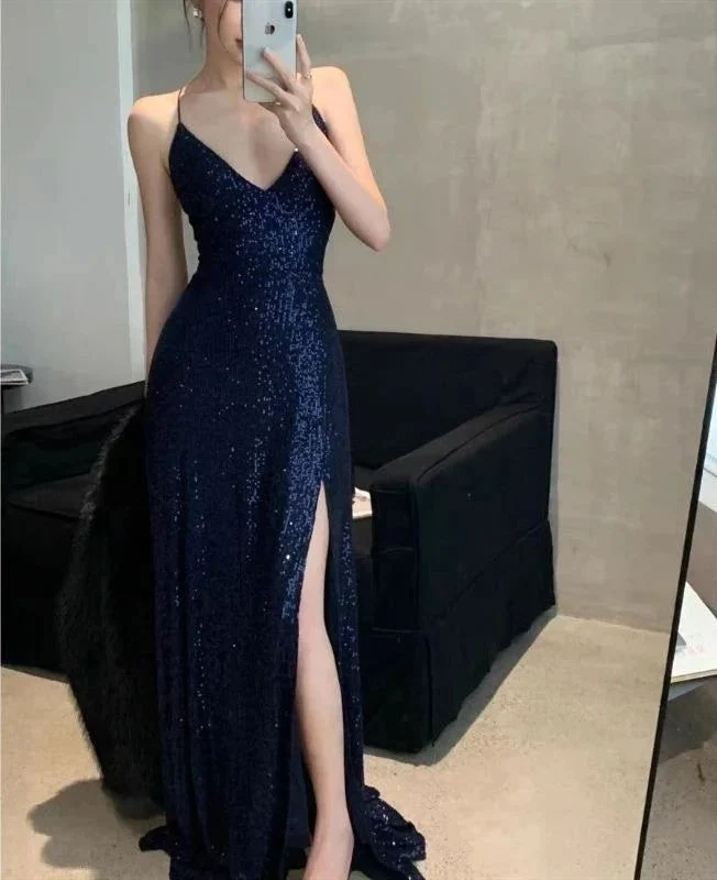 Robe de soirée bleu marine à paillettes et bretelles spaghetti, col en V, pour femme