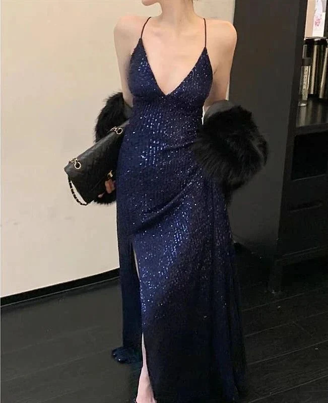 Robe de soirée bleu marine à paillettes et bretelles spaghetti, col en V, pour femme