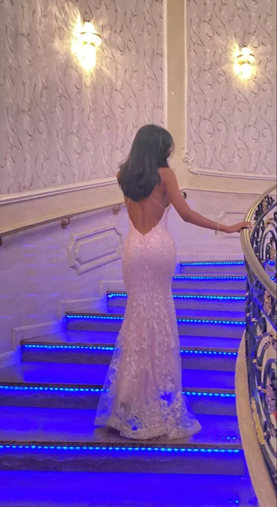 Robe de bal sirène rose sexy à bretelles spaghetti en dentelle