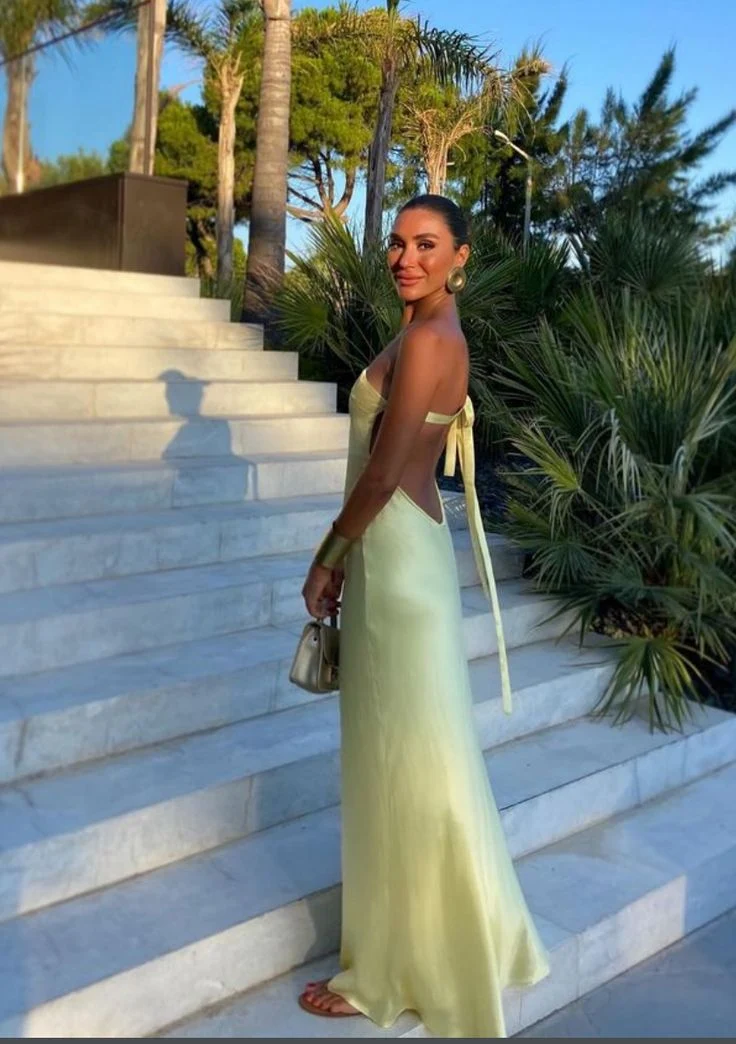 Robe de soirée jaune à une épaule et bretelles asymétriques, longueur au sol