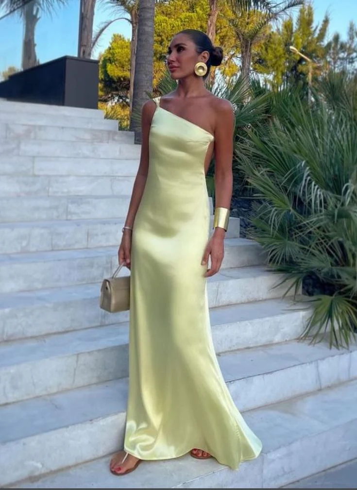Robe de soirée jaune à une épaule et bretelles asymétriques, longueur au sol