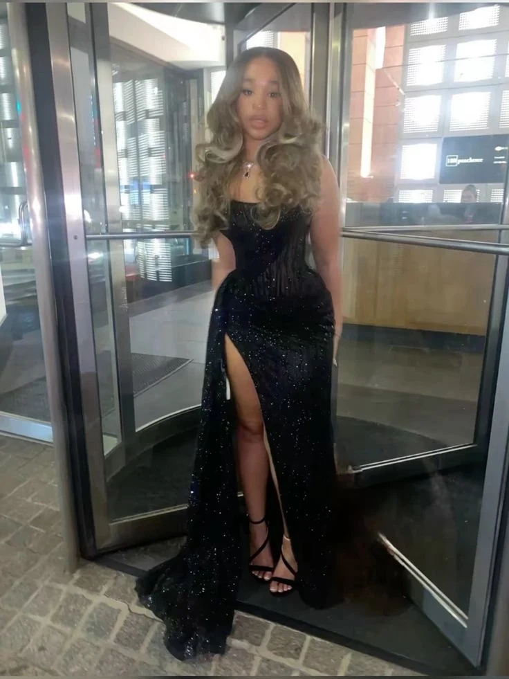 Robe de bal longue noire avec fente et robe de soirée bustier