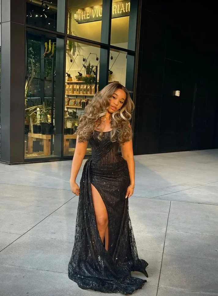 Robe de bal longue noire avec fente et robe de soirée bustier