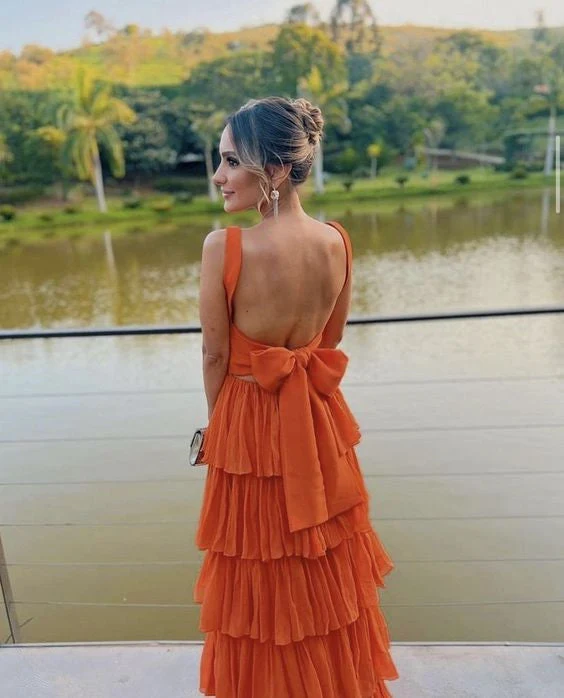 Robe de soirée longue et élégante orange, coupe trapèze, style modeste et formel, pour femme