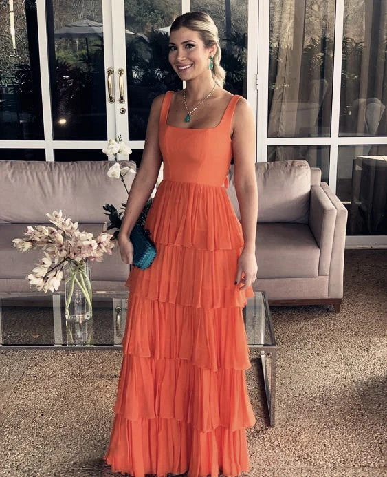 Robe de soirée longue et élégante orange, coupe trapèze, style modeste et formel, pour femme