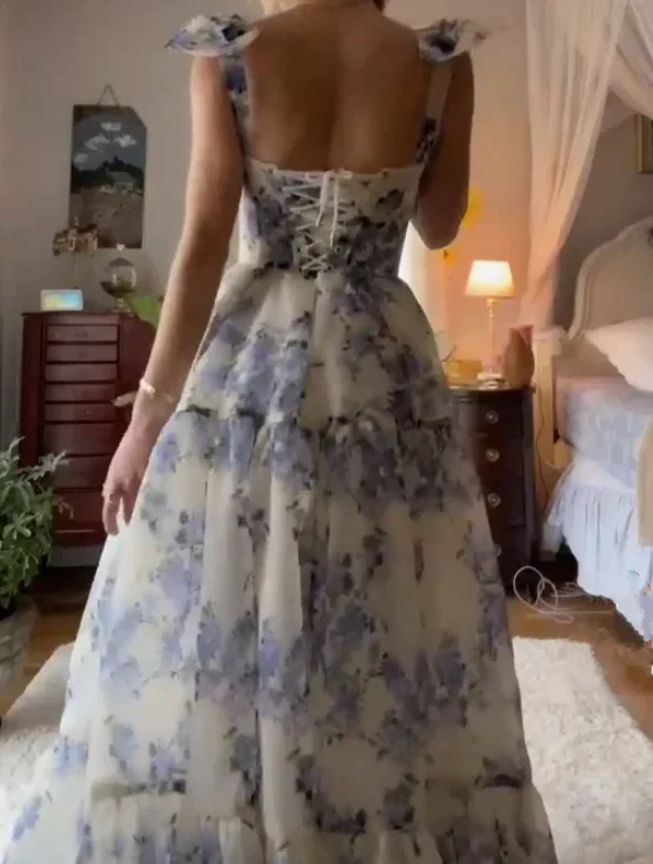 Belle robe de soirée longue en mousseline à imprimé floral