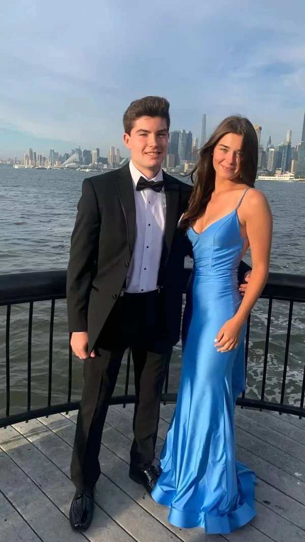Robe de bal sirène bleue sexy, longue robe de soirée dos nu