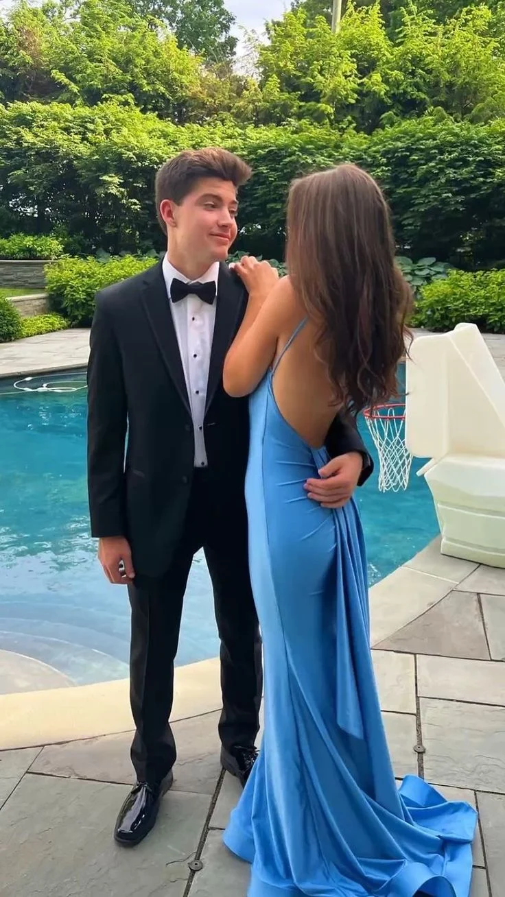 Robe de bal sirène bleue sexy, longue robe de soirée dos nu