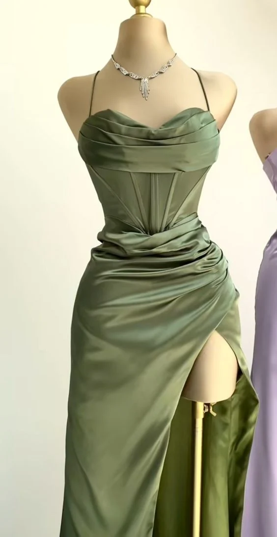 Robe de soirée sirène verte longue à bretelles spaghetti